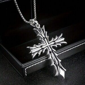 14K White Gold Mens 24" Cross Chain Link Necklace 14 K Silver Christian Jewelry